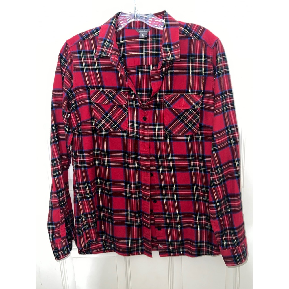 Eddie Bauer Womens Fall Red Plaid Gold Metallic Lurex Button Down Shirt Sz Med